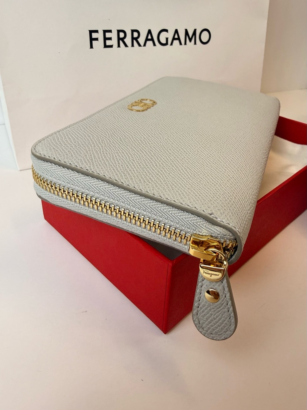 Salvatore Ferragamo Gancini Zip Around Wallet Pale Blue Gray Saffiano Leather - Picture 14 of 14
